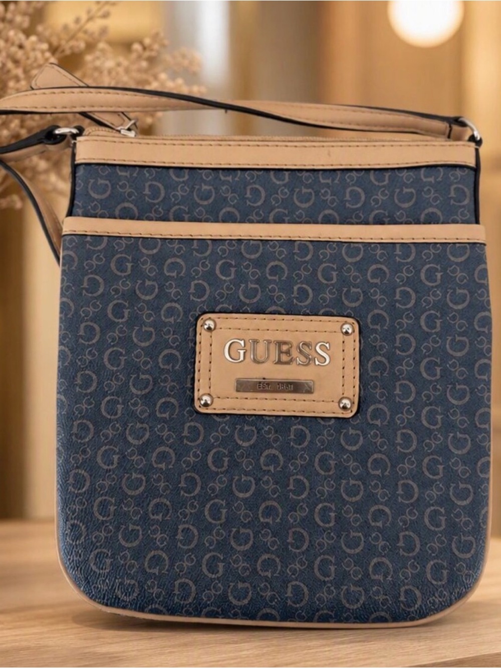 GUESS Navy and Tan Crossbody Bag